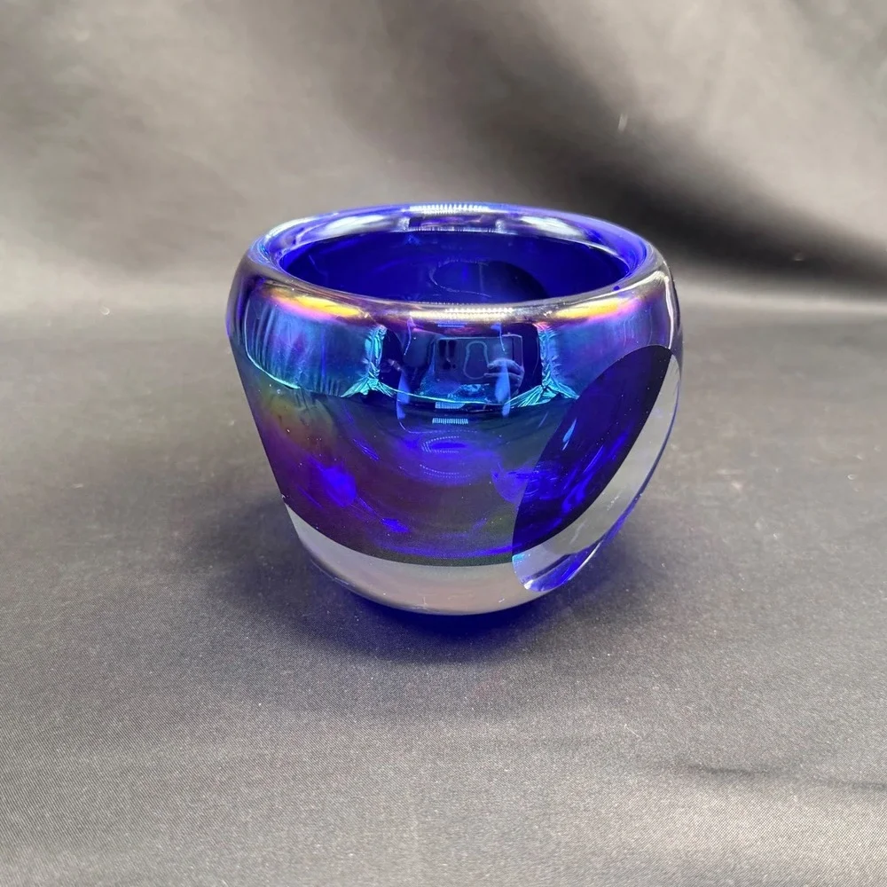 Cobalt Blue Iridescent Art Glass Votive Holder Carnival Glass 3.5in